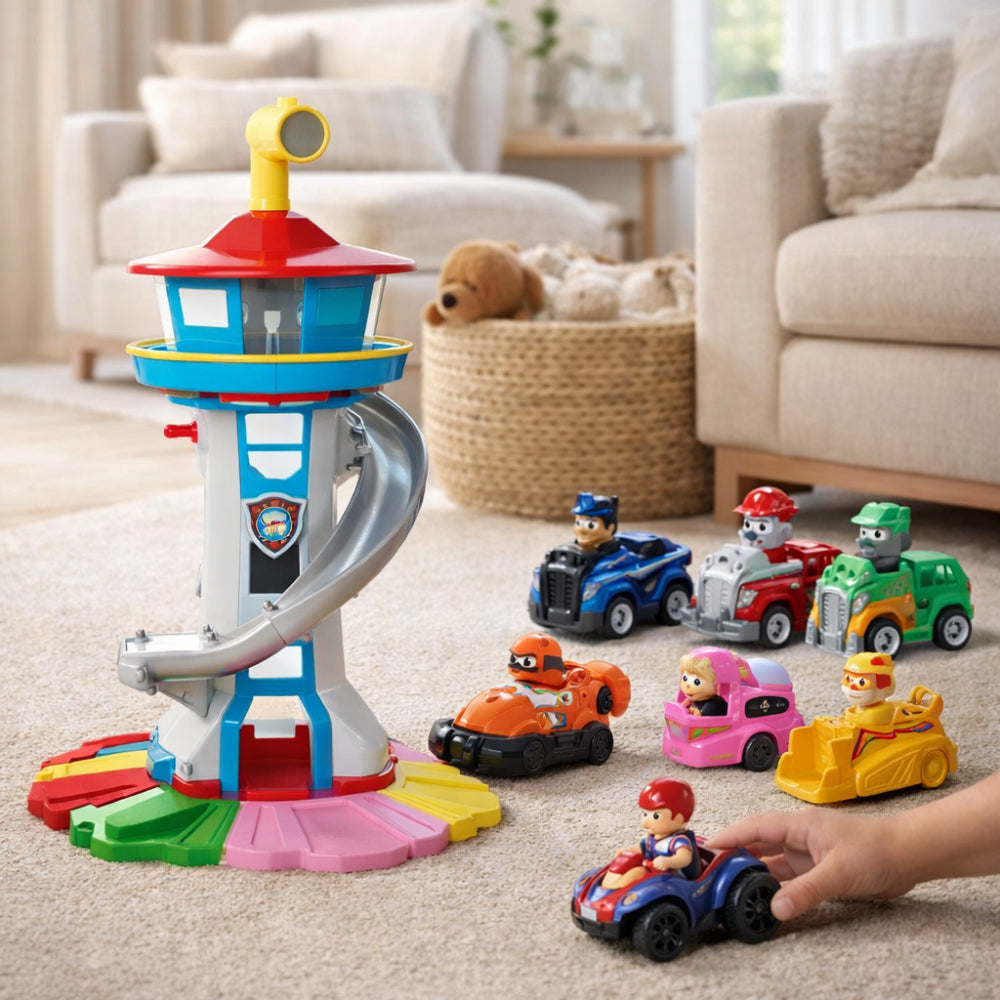 Racing Car Playset for Kids with Slide Tower – Simple Assembly for 4+