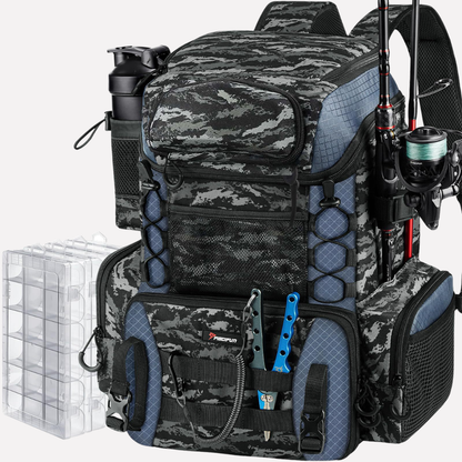Large Fishing Gear Backpack with Rod Holder and Storage Boxes