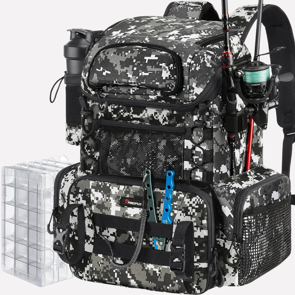 Large Fishing Gear Backpack with Rod Holder and Storage Boxes