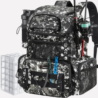 Large Fishing Gear Backpack with Rod Holder and Storage Boxes