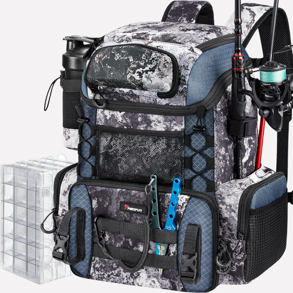 Large Fishing Gear Backpack with Rod Holder and Storage Boxes