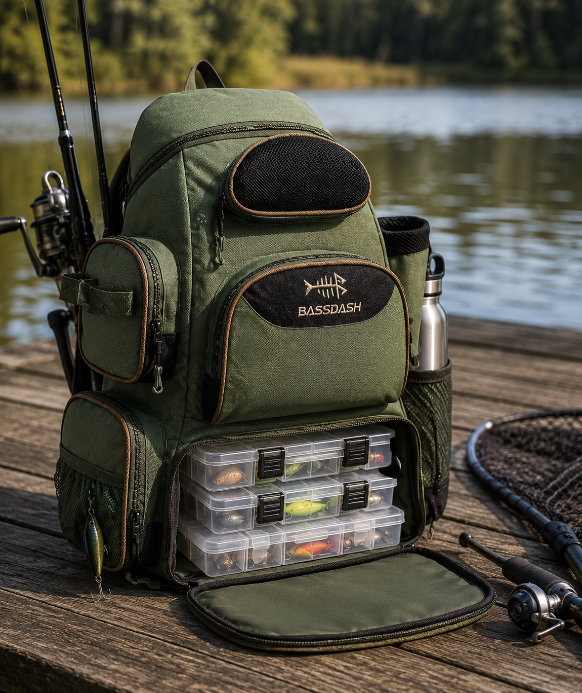 Fishing Gear Backpack - Waterproof Tackle Storage Bag with Rod Holder, Green, 15.7 x 7.9 x 19.7 in, for 3 Utility Boxes