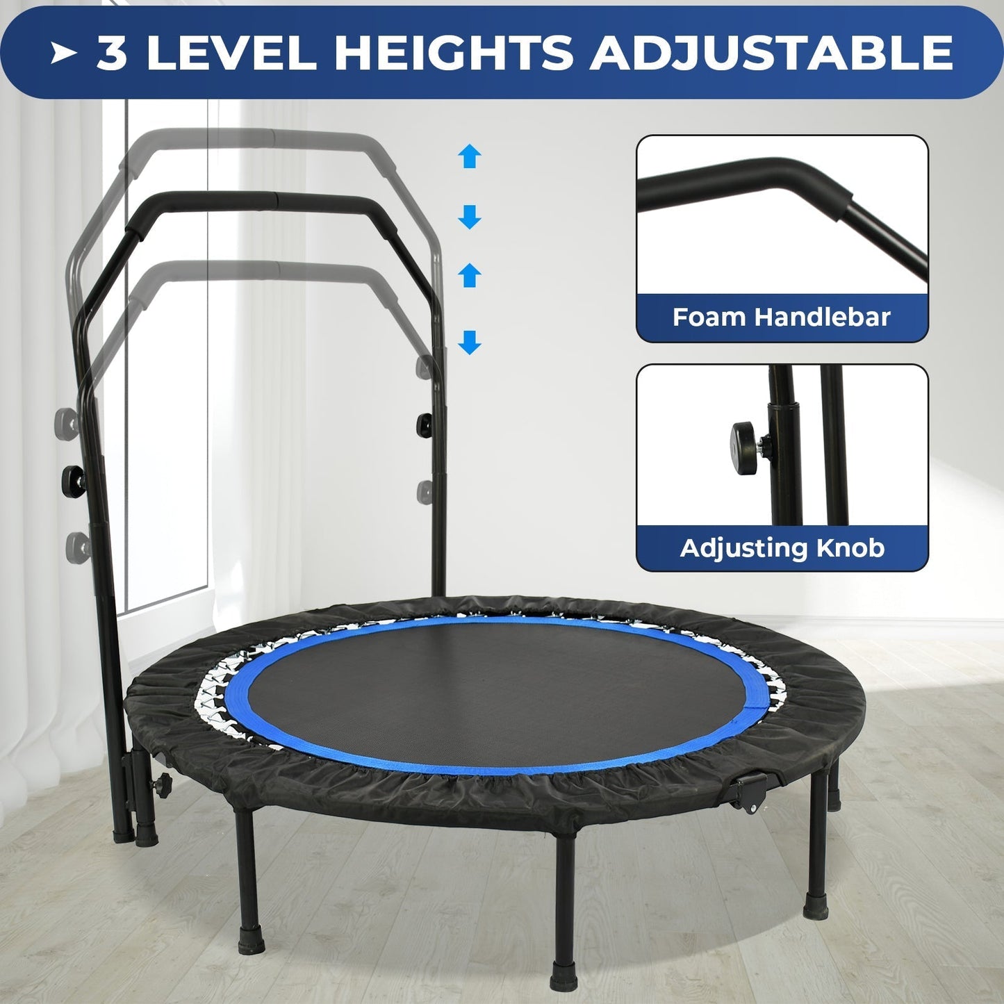 Compact Indoor Trampoline with 48-Inch Adjustable Handle for Exercise