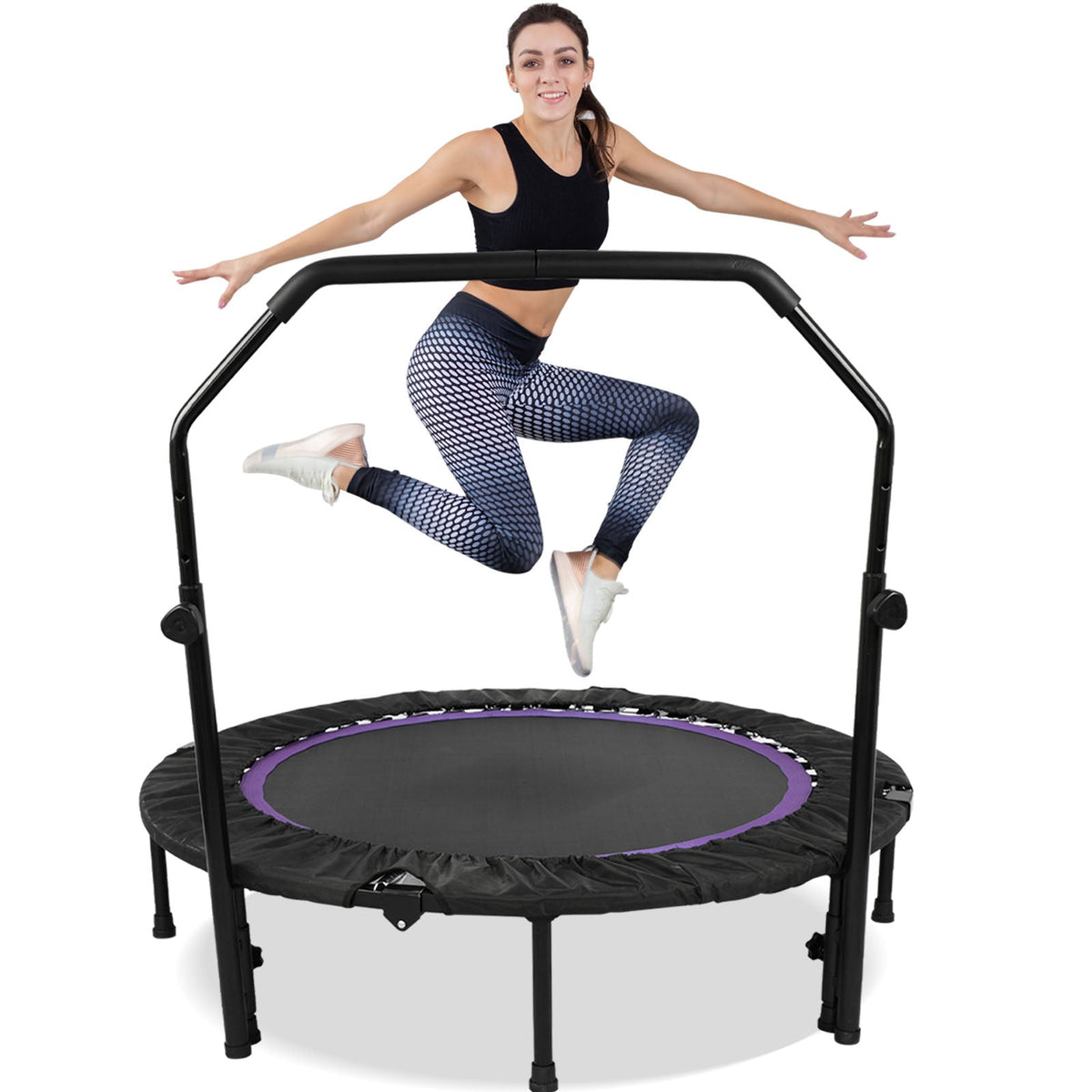 Compact Indoor Trampoline with 48-Inch Adjustable Handle for Exercise