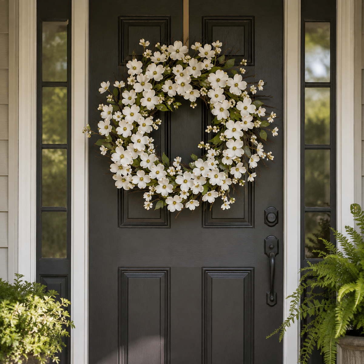 Handcrafted White Dogwood Floral Wreath for Door, 40cm Rattan Base
