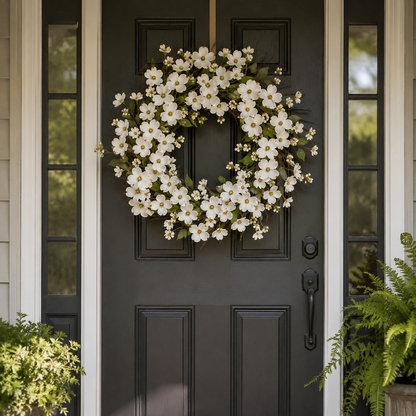 Handcrafted White Dogwood Floral Wreath for Door, 40cm Rattan Base