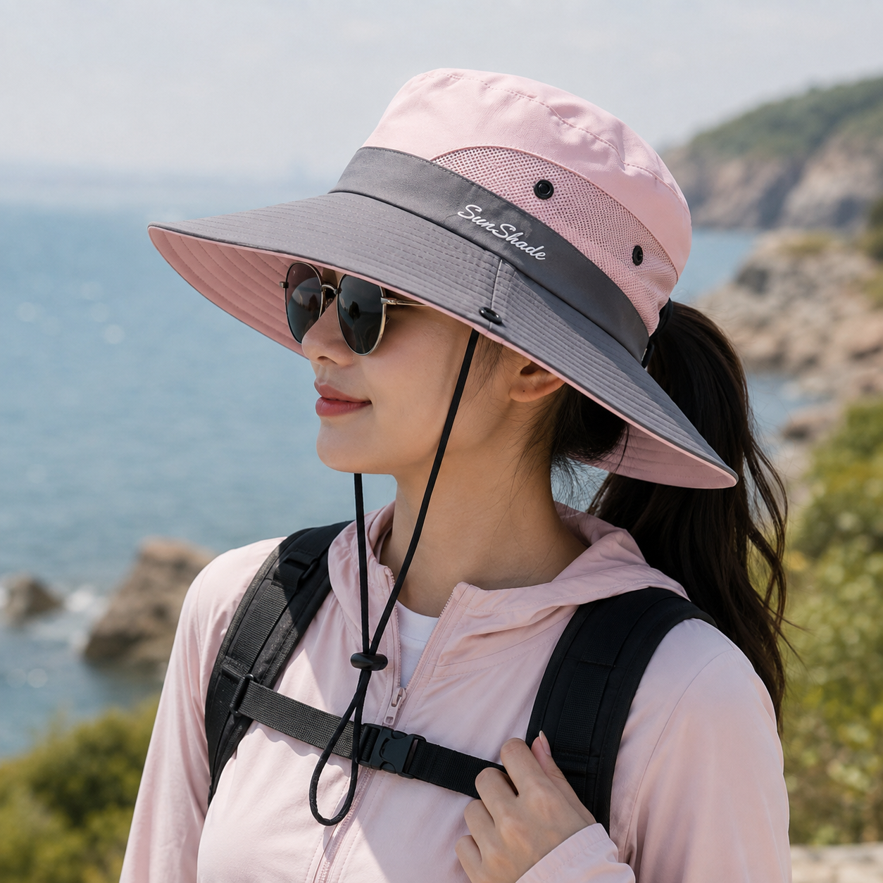 Adjustable Drawstring Sun Hat for Women – Foldable UV Protection Beach Cap