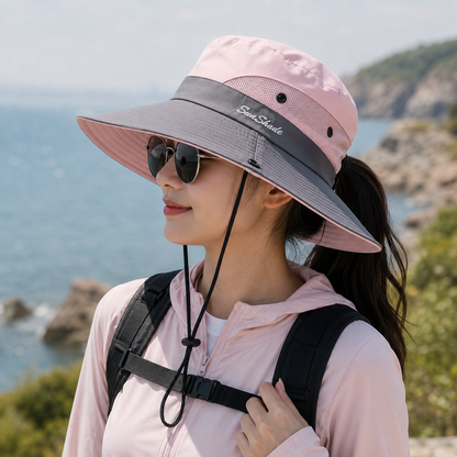 Adjustable Drawstring Sun Hat for Women – Foldable UV Protection Beach Cap