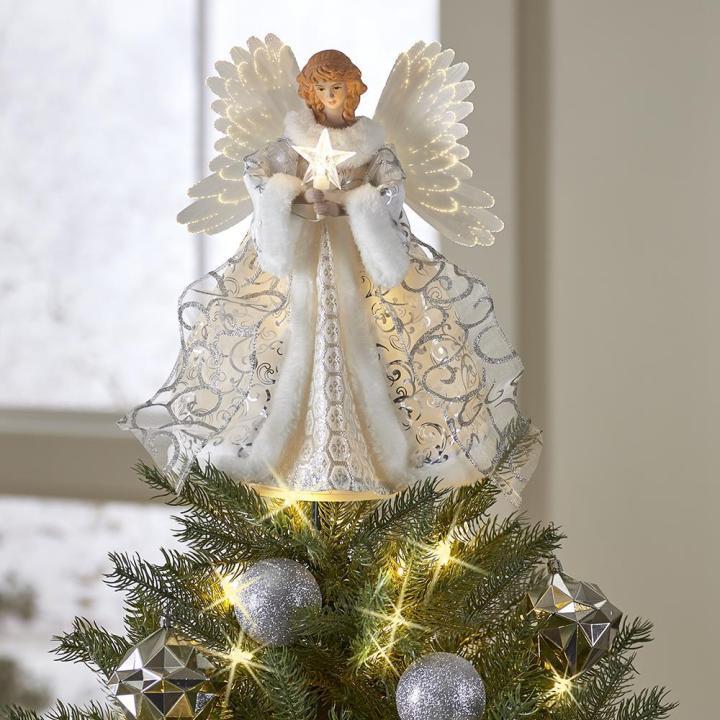 Luminous Holiday Angel Tree Topper with Fiber Optic Wings