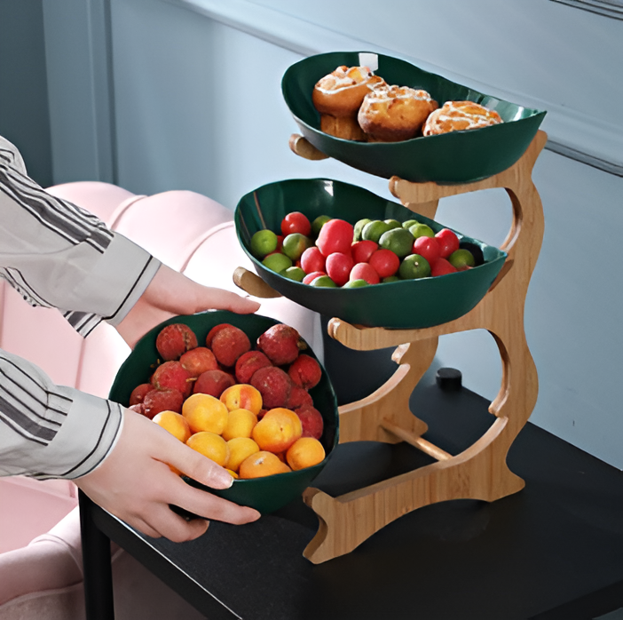 Elegant Three-Tiered Snack Organizer with Wooden Base