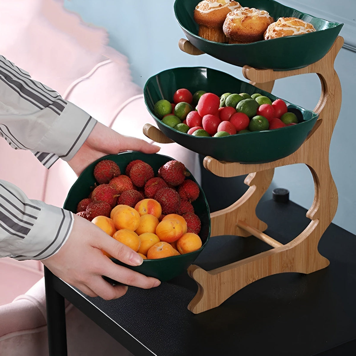 Elegant Three-Tiered Snack Organizer with Wooden Base