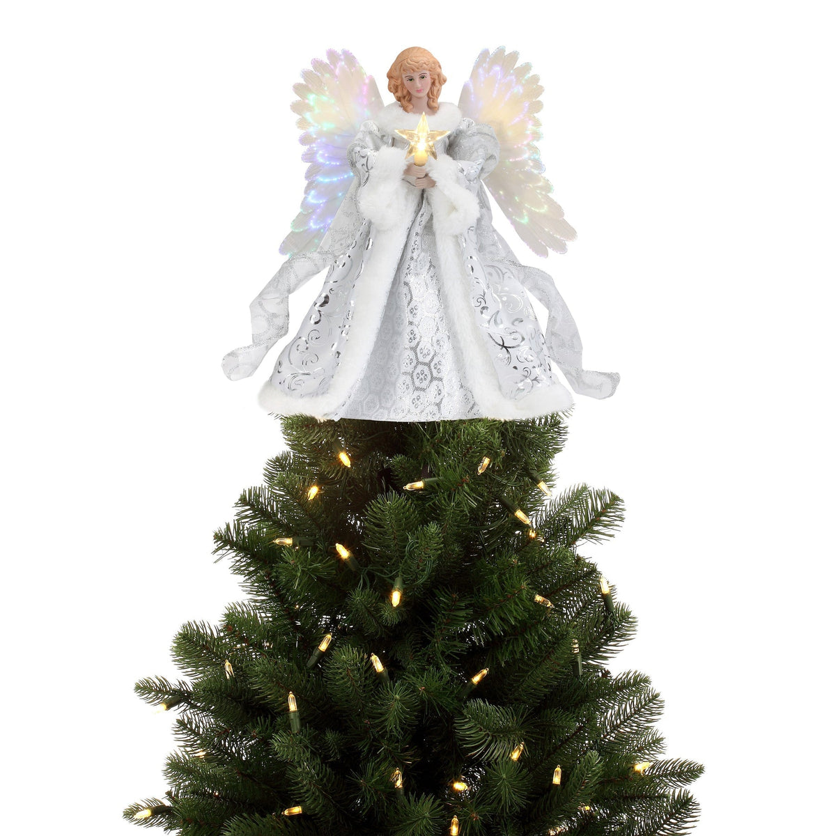 Luminous Holiday Angel Tree Topper with Fiber Optic Wings
