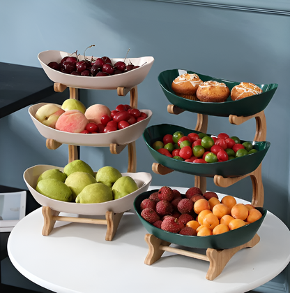 Elegant Three-Tiered Snack Organizer with Wooden Base