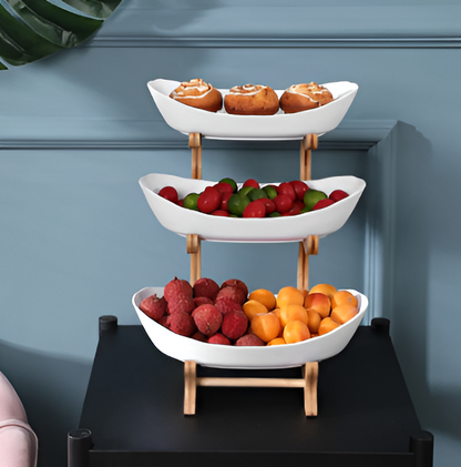 Elegant Three-Tiered Snack Organizer with Wooden Base