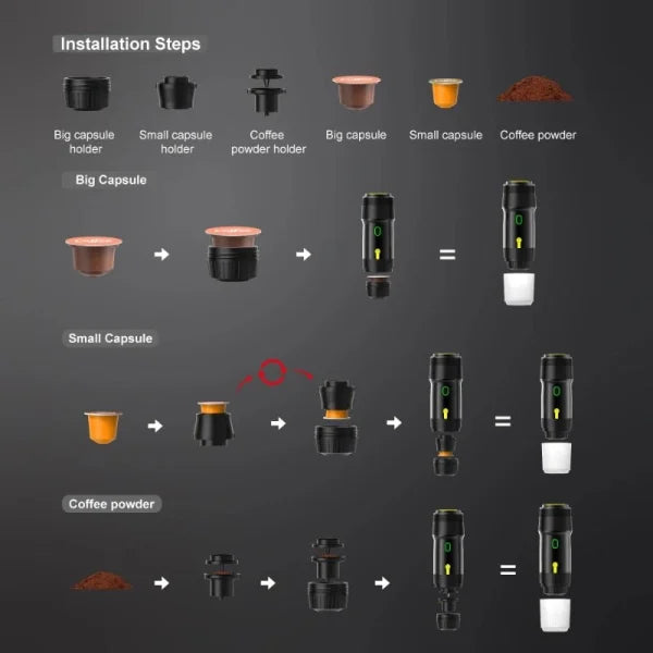 Travel Coffee Maker - Wireless 3-in-1 Espresso Machine for Capsules & Grounds, USB-C Rechargeable