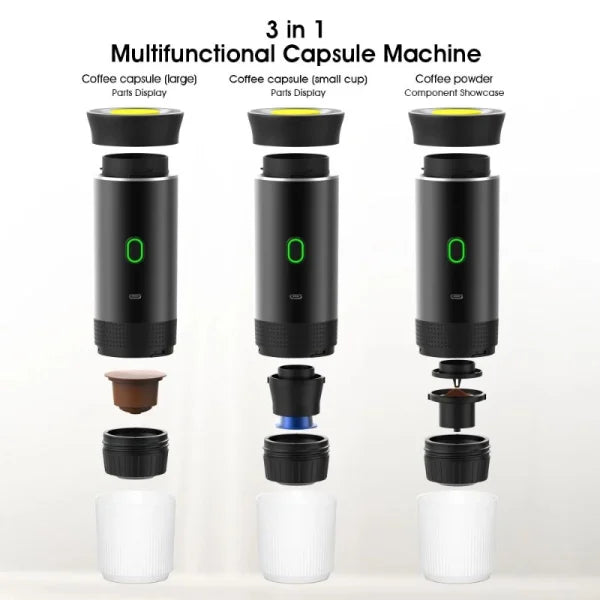 Travel Coffee Maker - Wireless 3-in-1 Espresso Machine for Capsules & Grounds, USB-C Rechargeable