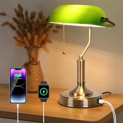 Elegant Green Glass Desk Lamp with USB Charging Ports