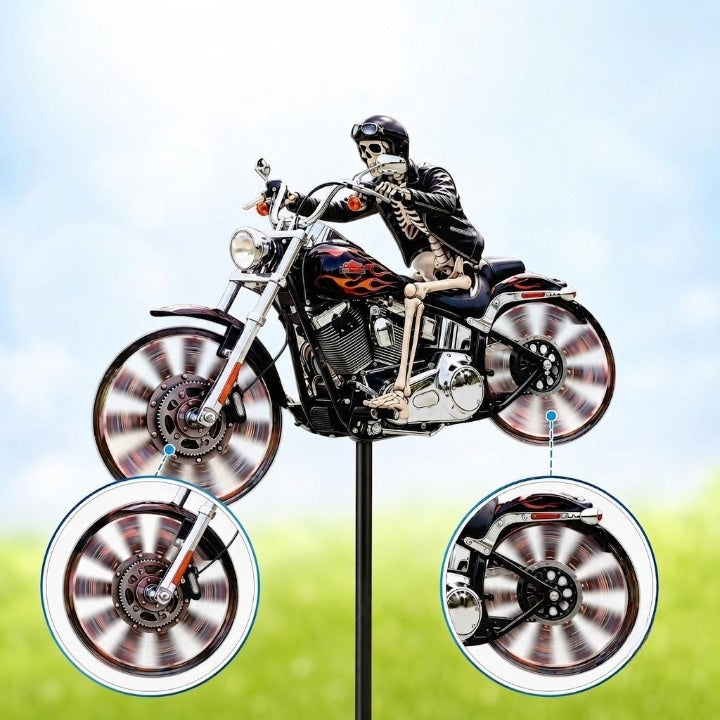Whimsical Skeleton Rider Motorcycle Wind Spinner for Gardens