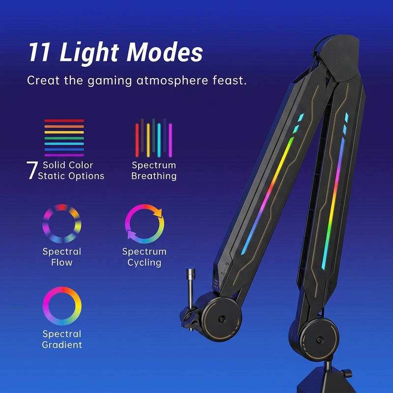 Adjustable RGB Microphone Boom Arm with 11 Light Modes