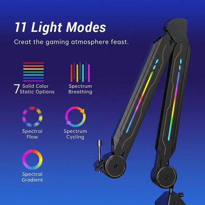 Adjustable RGB Microphone Boom Arm with 11 Light Modes