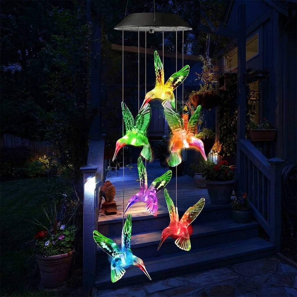 Colorful Solar-Activated Hummingbird Wind Chime, 25 Inch
