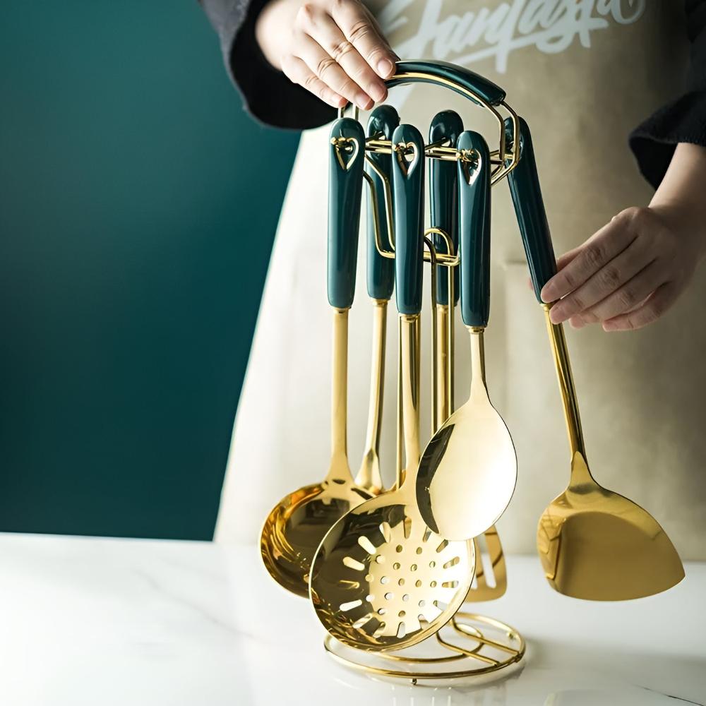 Complete Kitchen Collection of Stainless Steel Cooking Utensils with Ergonomic Handle