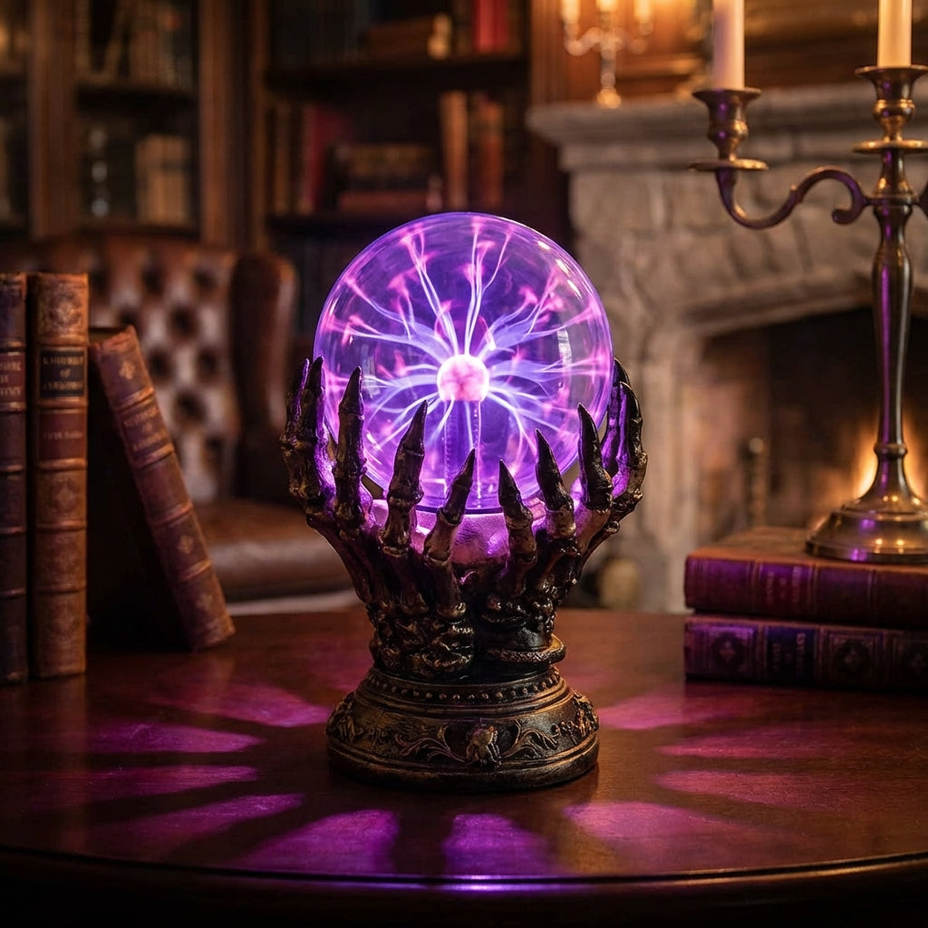 Interactive Plasma Sphere Lamp with Gothic Hand Base