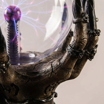Interactive Plasma Sphere Lamp with Gothic Hand Base
