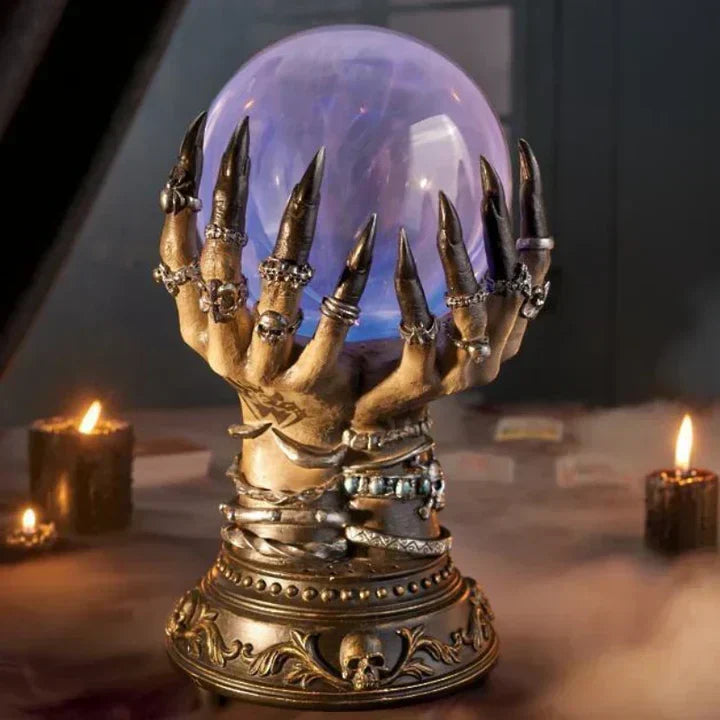 Interactive Plasma Sphere Lamp with Gothic Hand Base