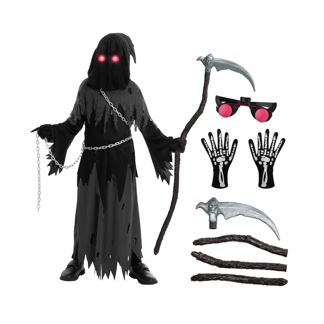 Hooded Grim Reaper Costume for Kids with LED Eyes – Halloween Outfit