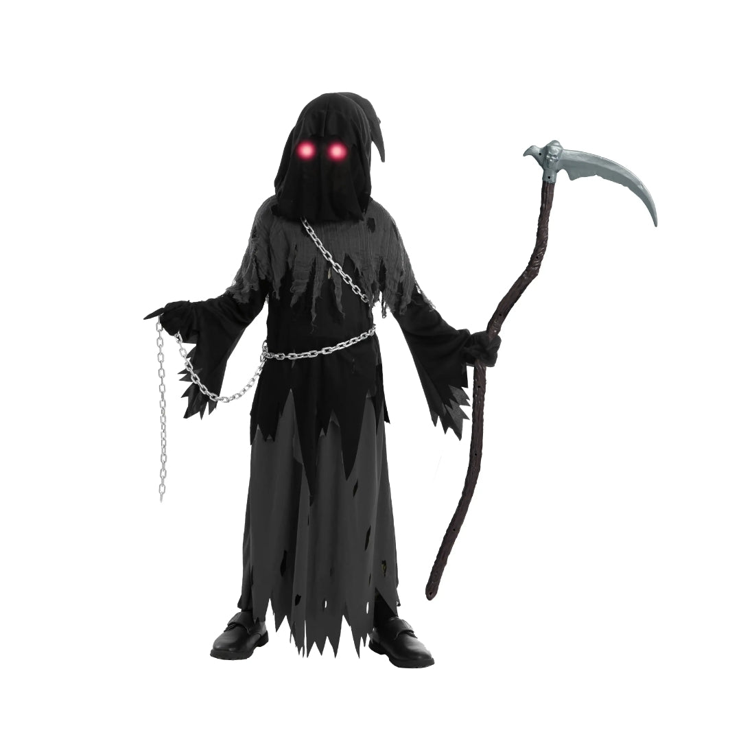 Hooded Grim Reaper Costume for Kids with LED Eyes – Halloween Outfit
