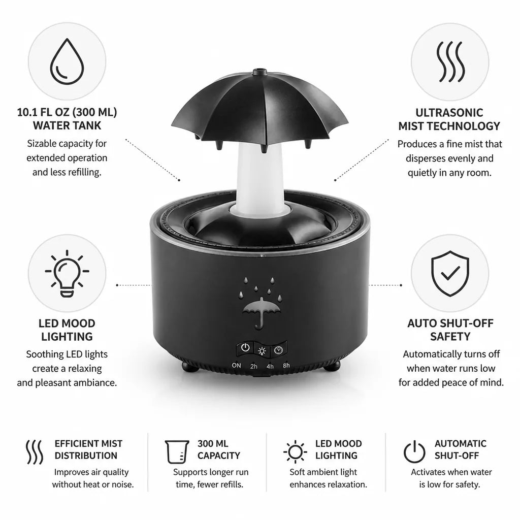 Aroma Diffuser Ultrasonic 300ml LED Light & Auto Shut-Off