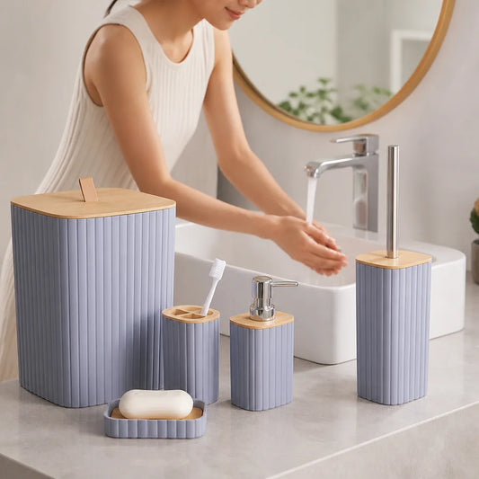 Bamboo-Accented Bathroom Accessory Set (6-Piece)