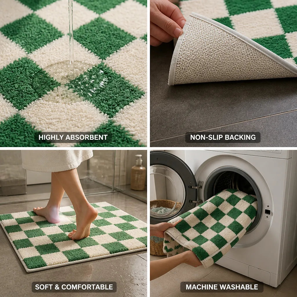 Bath Mat Checkered Absorbent Non-Slip Backing