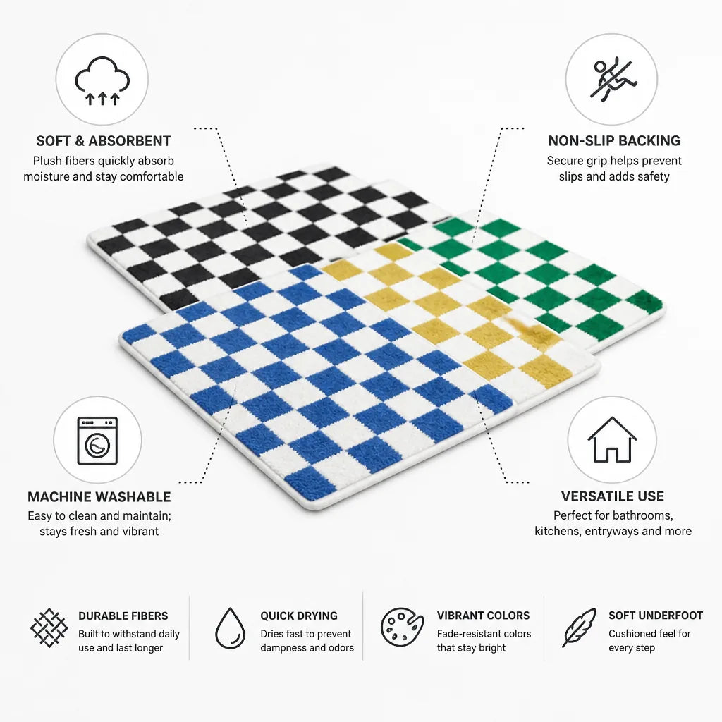Bath Mat Checkered Absorbent Non-Slip Backing