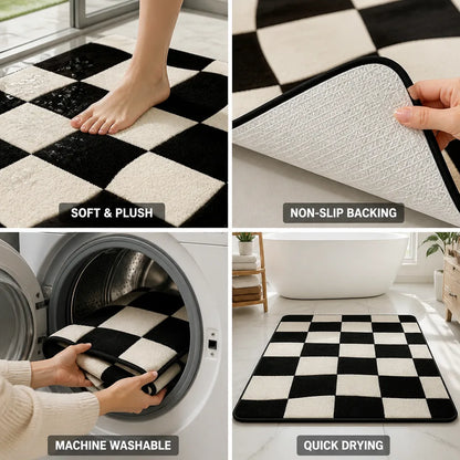 Bath Mat Plush Checkered Non-Slip & Machine Washable