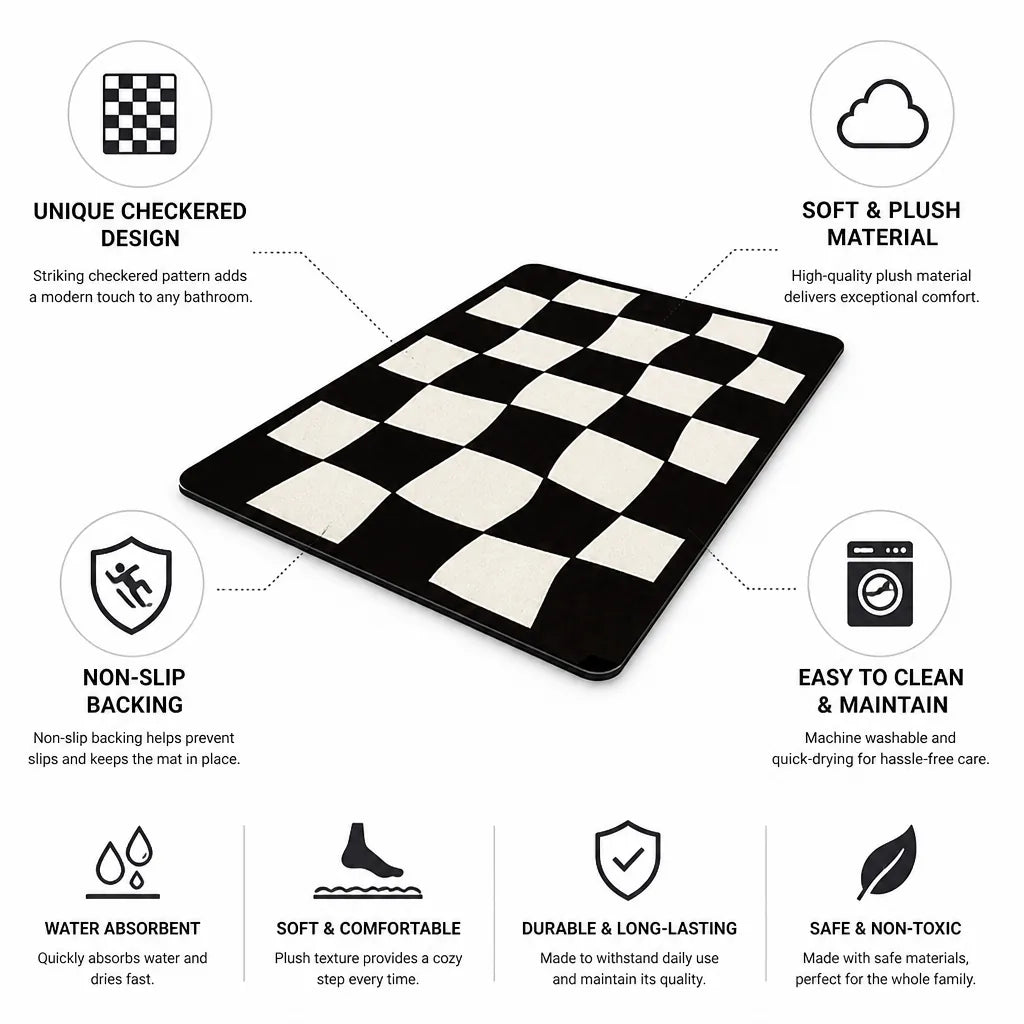 Bath Mat Plush Checkered Non-Slip & Machine Washable