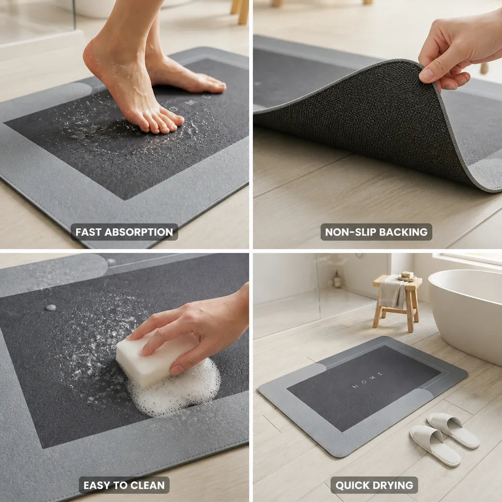 Bath Mat Quick-Drying Terry Cloth & Non-Slip Rubber Backing
