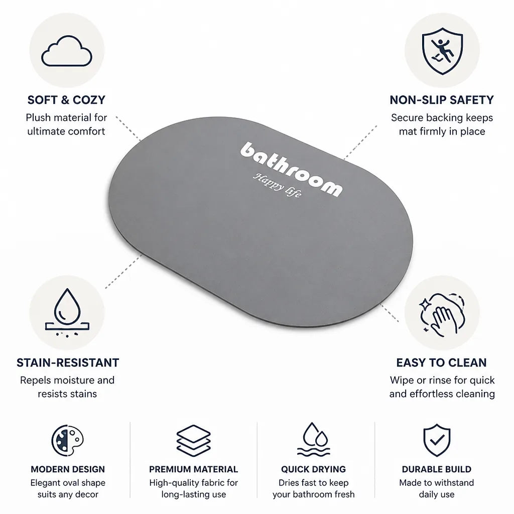 Bathroom Mat Soft Plush Oval Non-Slip Stain-Resistant