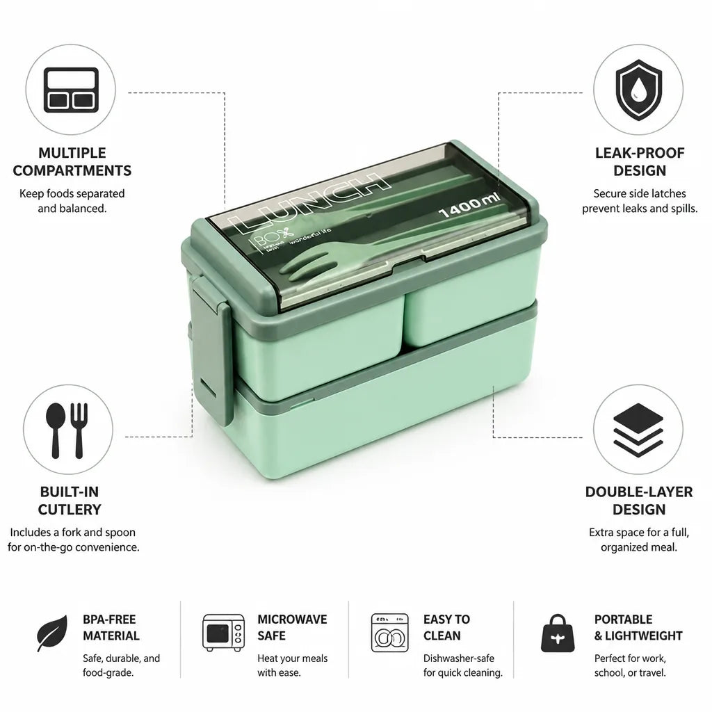 Bento Lunch Box Double-Layer Leak-Proof Built-In Cutlery