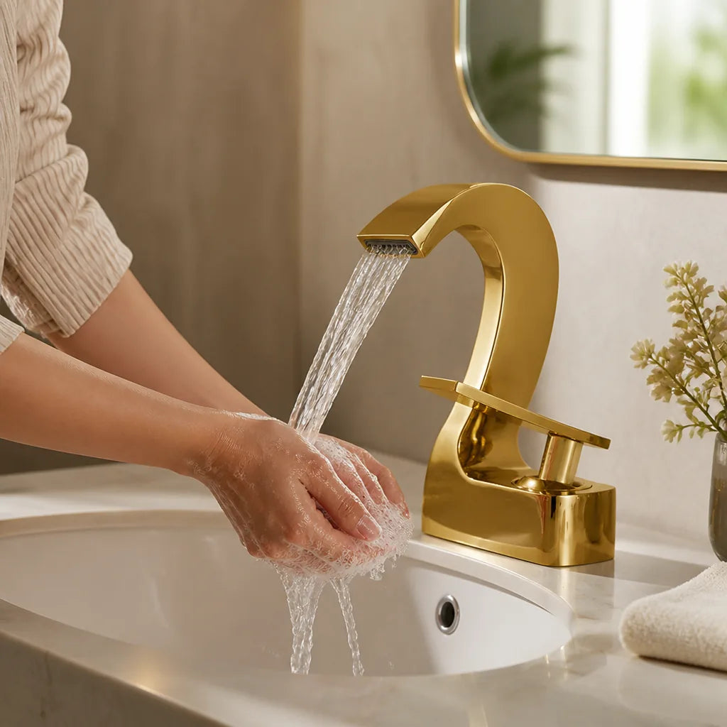 Brass Single-Handle Bathroom Sink Faucet With Goose-Neck High-Arc Spout (2-Hole Center-Set)