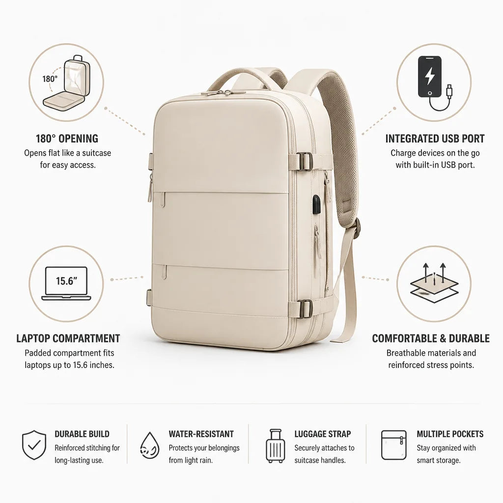 Business Backpack 180° Opening Integrated USB Padded Laptop Compartment
