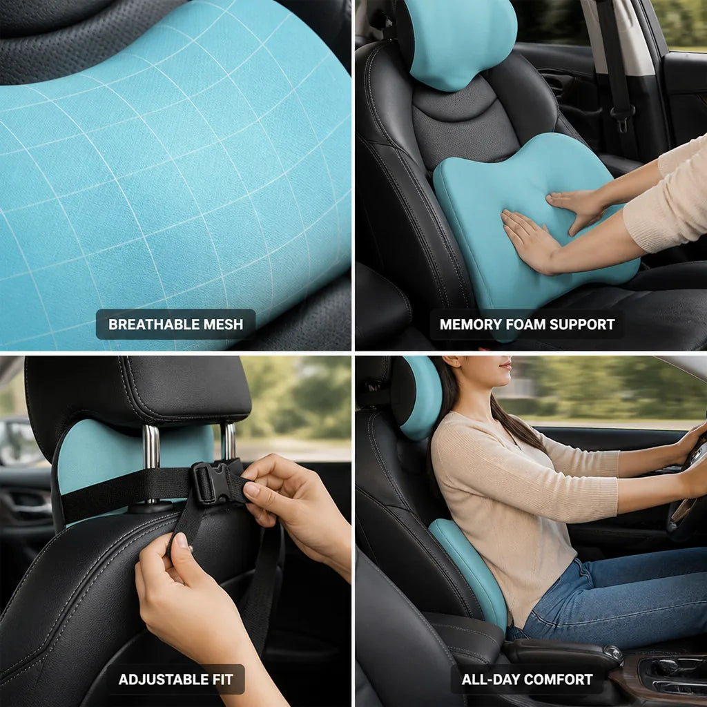 Car Headrest & Lumbar Cushion Set Ergonomic Memory Foam