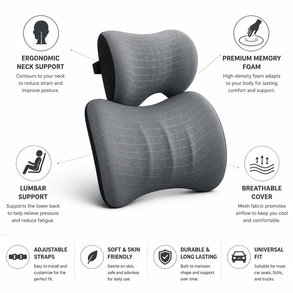 Car Headrest & Lumbar Cushion Set Ergonomic Memory Foam
