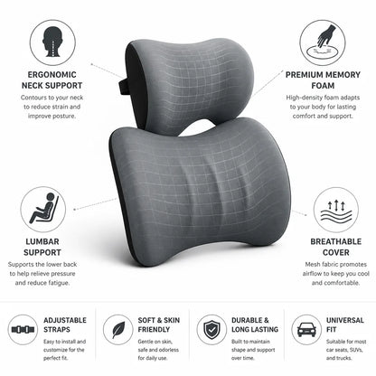 Car Headrest & Lumbar Cushion Set Ergonomic Memory Foam