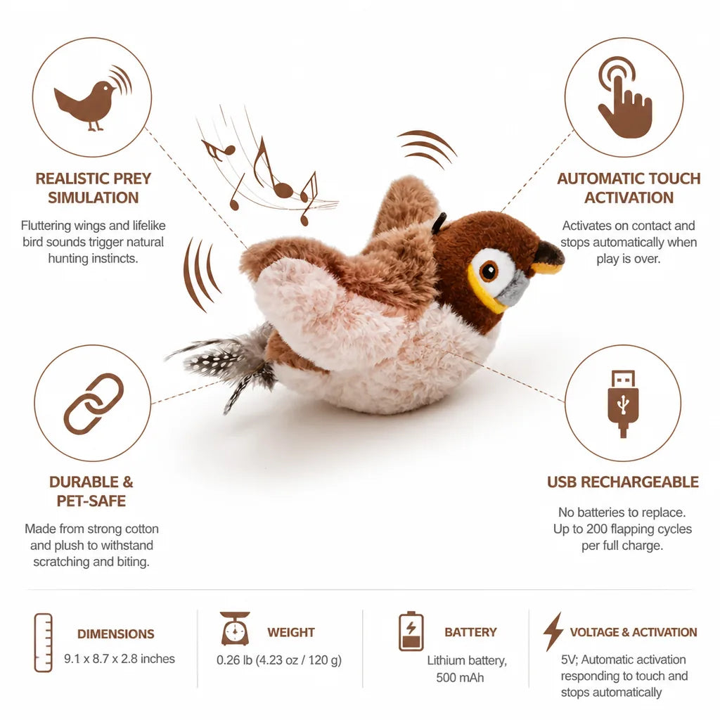 Cat Toy Flapping Bird Realistic Sound & USB Rechargeable