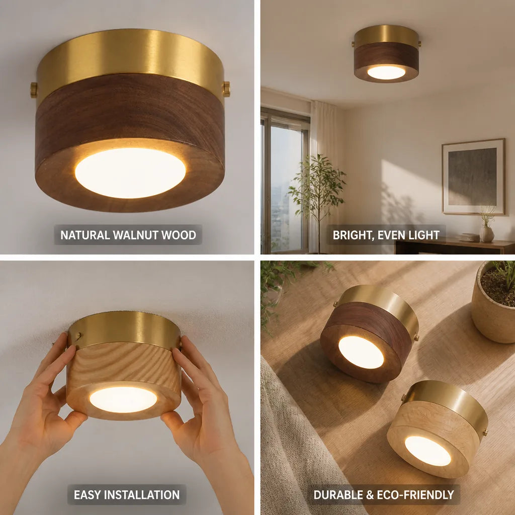 Ceiling Lamp Walnut Wood Integrated LED Energy-Efficient