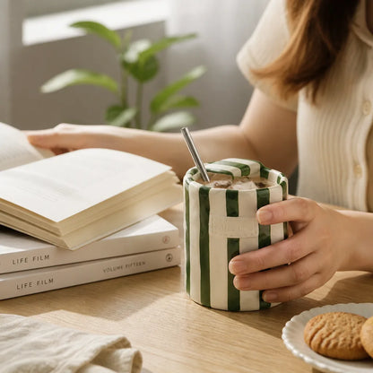 Ceramic Mug Hand-Painted Stripes Integrated Straw Hole 300ml