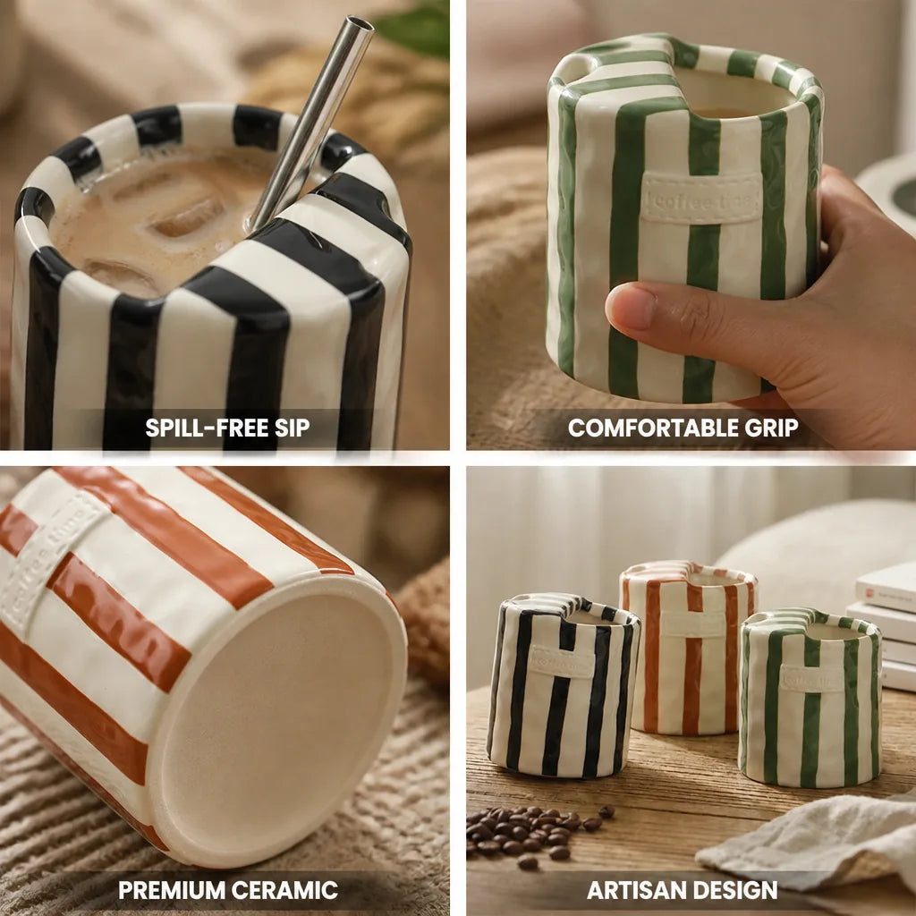 Ceramic Mug Hand-Painted Stripes Integrated Straw Hole 300ml