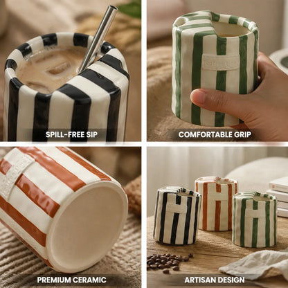 Ceramic Mug Hand-Painted Stripes Integrated Straw Hole 300ml